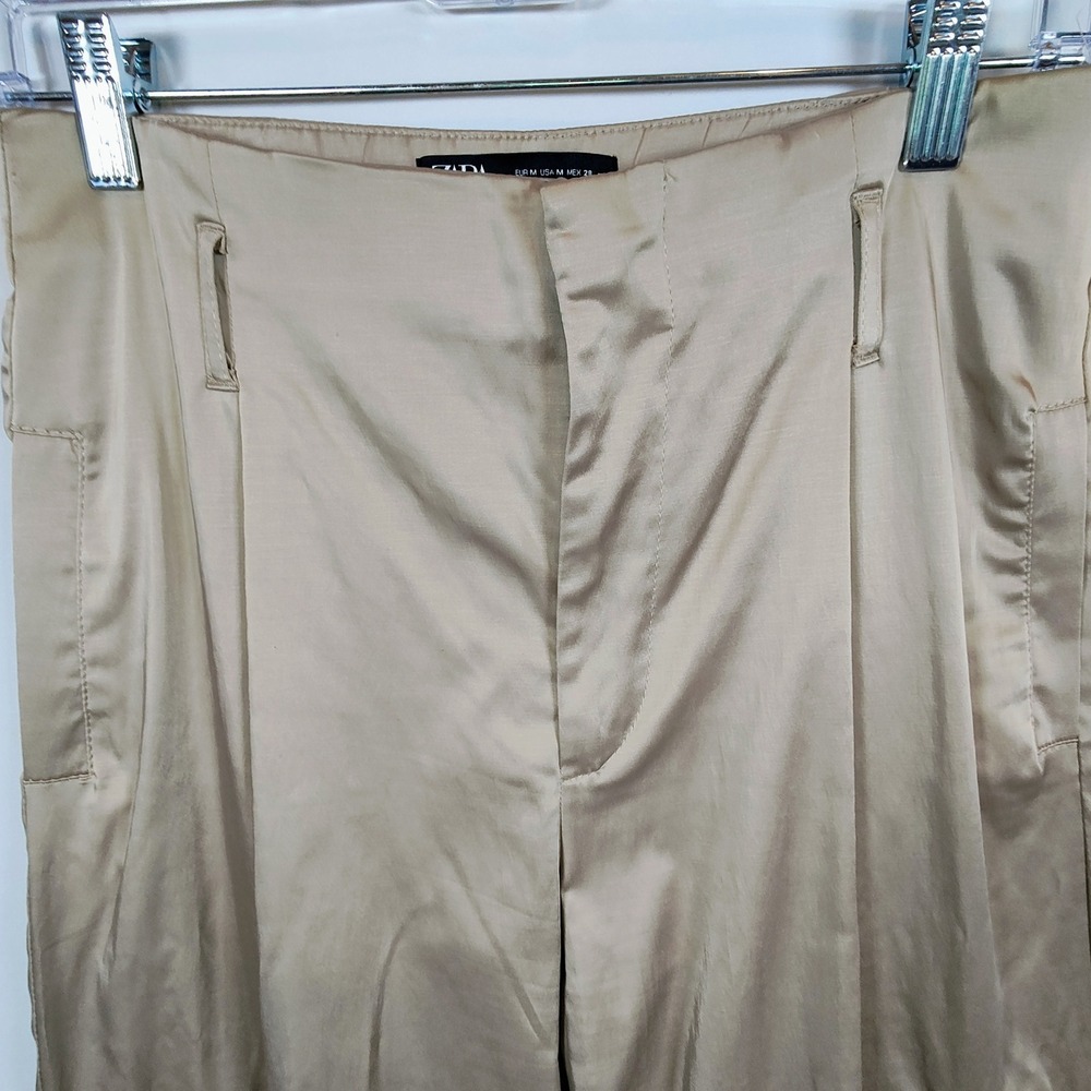 Zara Women's Champagne Gold Satin Cargo Pants Wide Leg High Waist Utility M - Picture 3 of 15